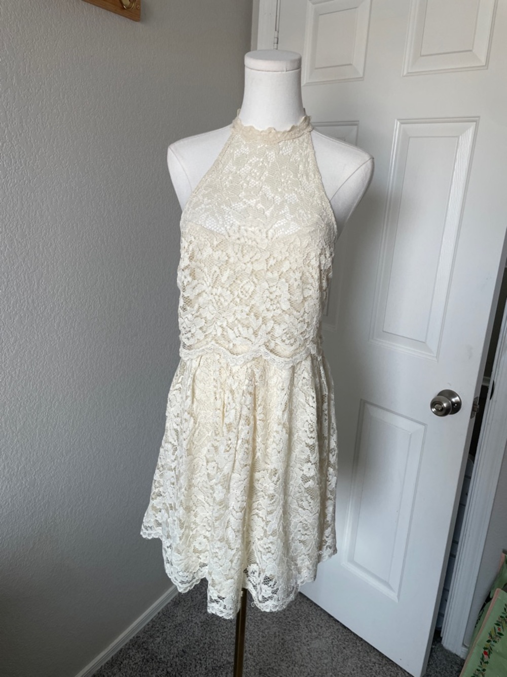 Free People Ivory Lace Backless Halter Mini Dress - Picture 3 of 5